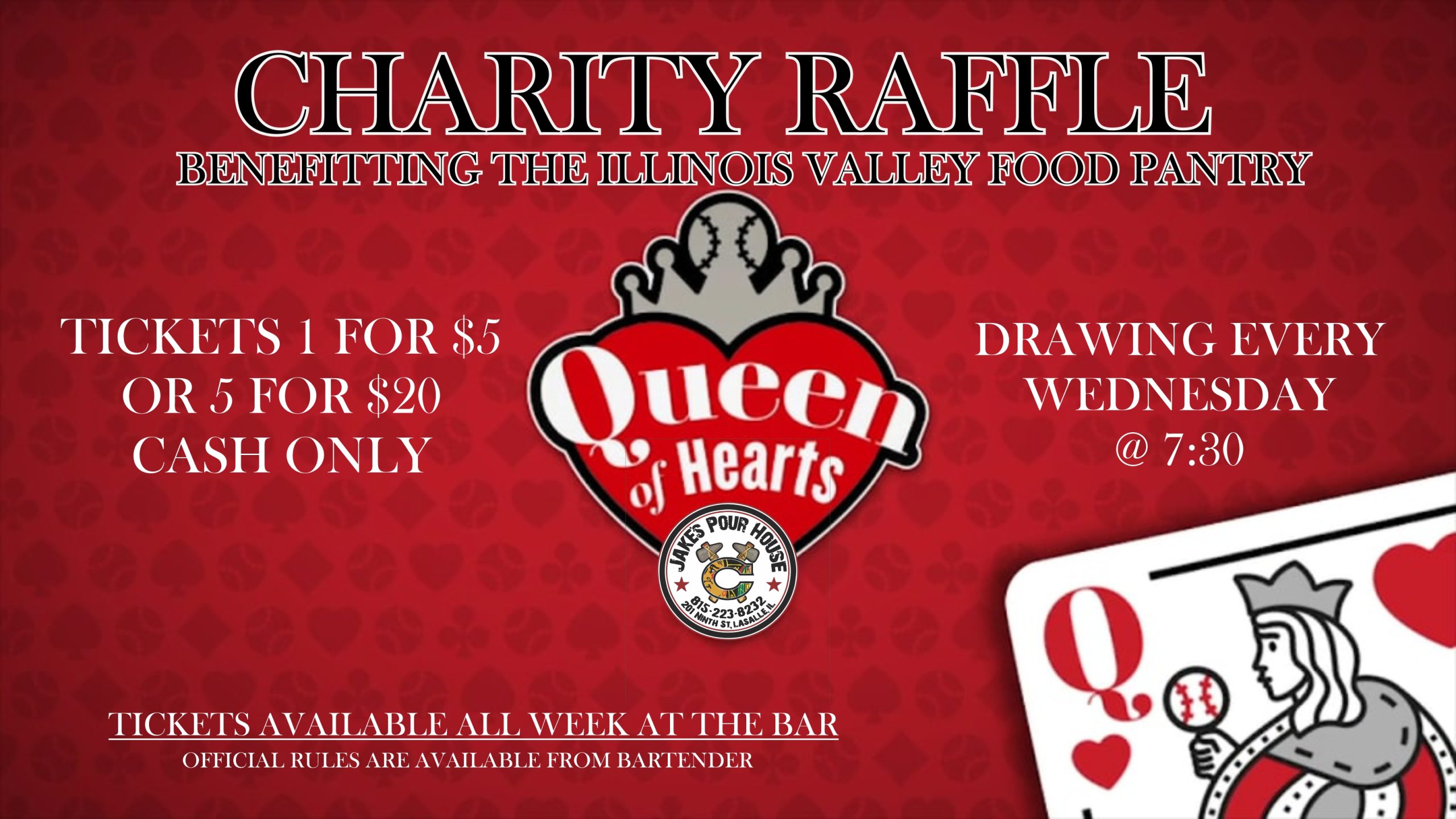 Charity Raffle benefitting the Illinois Valley Food Pantry Queen of Hearts Drawing.